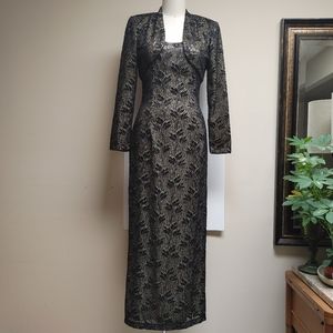 Bari Jay Black Lace with Gold Lame Underlay Evening Dress & Bolero sz 4/6